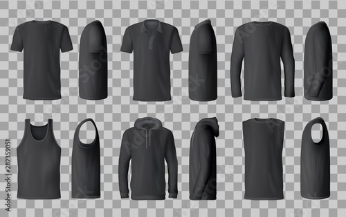 Black t-shirt templates, polo, sweatshirt, hoodie