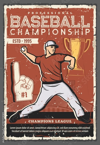 Baseball ball, player, trophy cup, stadium field