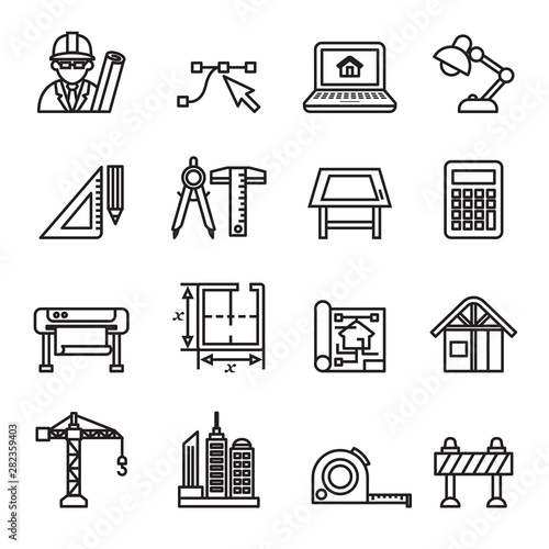 Architecture & Construction icons set with white background. Thin line style stock vector.