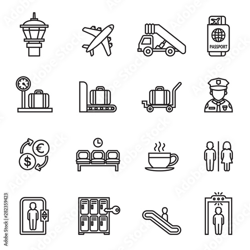 airport sign, airport icons set with white background. Line style stock vector.