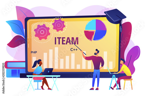 Remote education, web seminar. Computing and hi tech classes. IT management courses, online IT Manager, IT management training courses concept. Bright vibrant violet vector isolated illustration