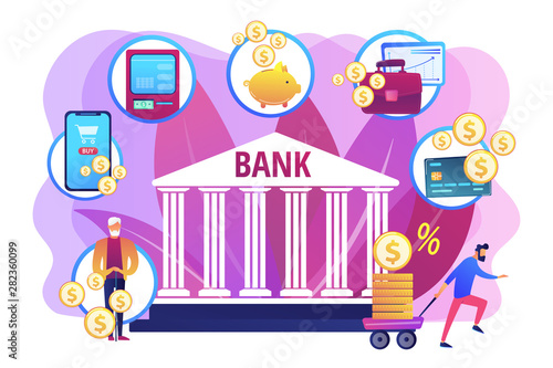 Finance services. Financial transaction. E-commerce and e-payment. Banking operations, main banking processing, easy banking services concept. Bright vibrant violet vector isolated illustration