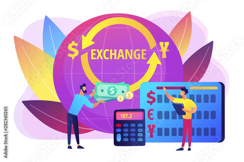 Money exchange. Bank operation. Finance services. Financial market. Currency exchange, foreign currency market, currency exchange point concept. Bright vibrant violet vector isolated illustration