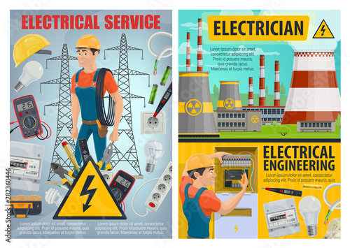 Electrician, electrcal tools, wire, light bulbs © Vector Tradition
