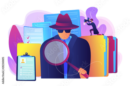 Secret agent searching clues and spying investigating case. Private investigation, private detective agency, private investigator services concept. Bright vibrant violet vector isolated illustration
