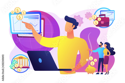 Finance analyst. Business strategy and budget planning. Financial adviser, top investment advisors, financial advisory services concept. Bright vibrant violet vector isolated illustration