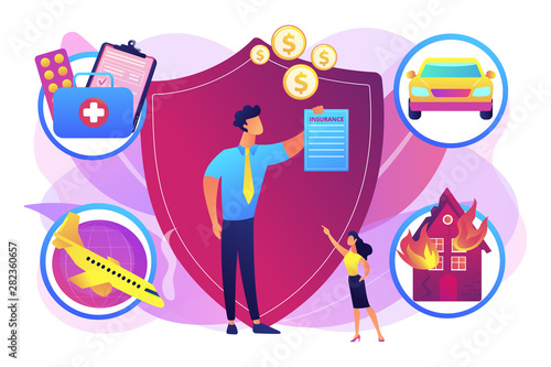 Private property, transport and life protection. Insurance broker, insurance brokerage services, insurance agent near you concept. Bright vibrant violet vector isolated illustration