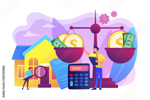 Real estate agency, property selling and buying. Financial consulting. Appraisal services, property valuation, appraisal professionals concept. Bright vibrant violet vector isolated illustration