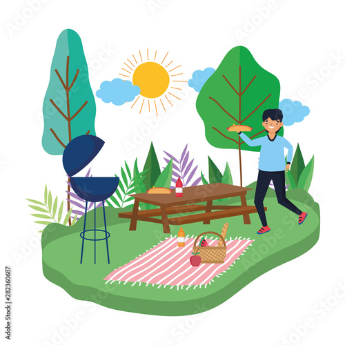 Man cartoon having picnic design