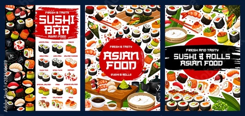 Sushi rolls, temaki, nigiri menu of Japanese food