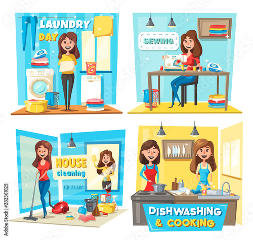 Women vacuuming, washing windows, doing laundry