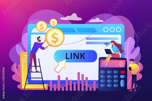 Business analytics, commerce metrics, SEO. Cost per acquisition CPA model, cost per conversion, online advertising pricing model concept. Bright vibrant violet vector isolated illustration