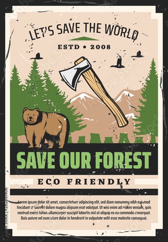 Eco forest trees, bear animal, duck bird and axe