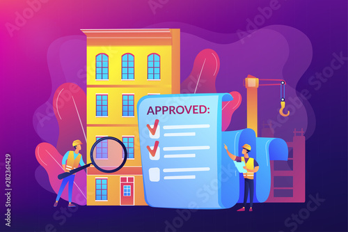 Architectural project approval, safety check. Construction quality control, construction quality management, hire your quality technician concept. Bright vibrant violet vector isolated illustration