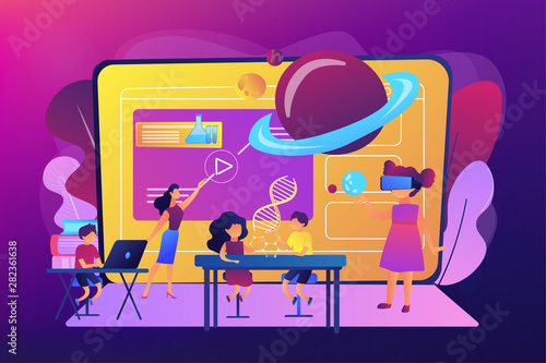 Futuristic classroom, little children study with high tech equipment. Smart spaces at school, AI in education, learning management system concept. Bright vibrant violet vector isolated illustration