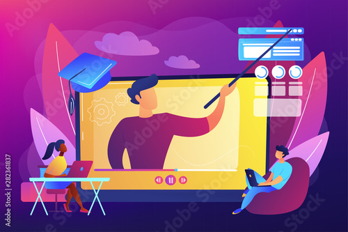 Internet education, remote website development school. Online workshop, online topic course, distance web learning, connect to our workshop concept. Bright vibrant violet vector isolated illustration