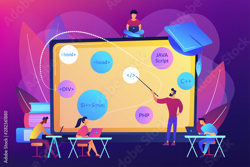 Script writing, software engineering. Coding workshop, code created workshop, online programming course, apps and games development class concept. Bright vibrant violet vector isolated illustration