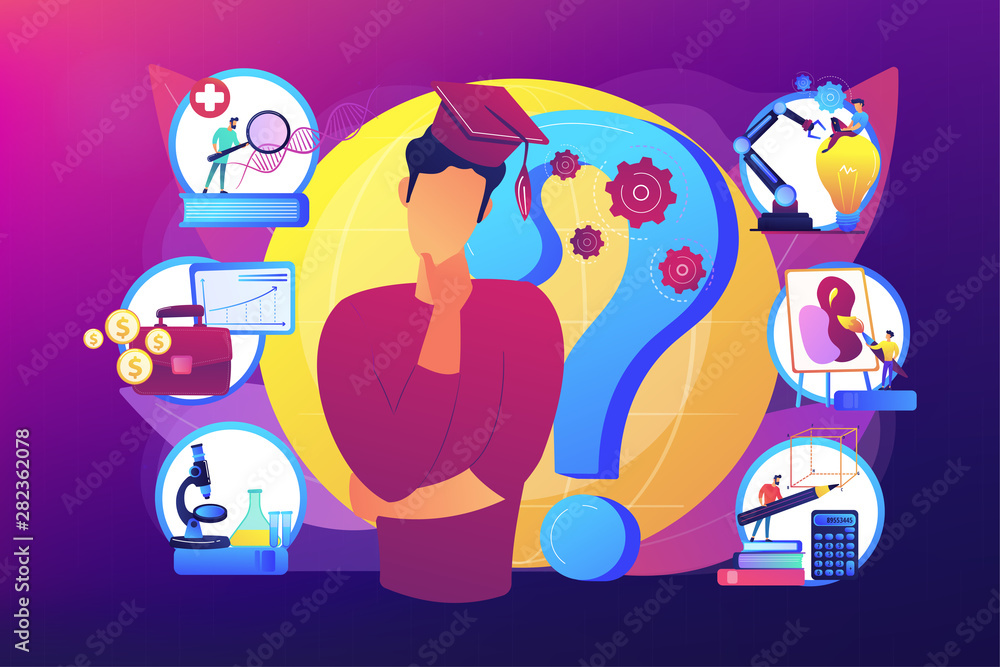 Naklejka premium Postgraduate, career opportunities for young specialist. College choice advisor, college rankings, career assessment test concept. Bright vibrant violet vector isolated illustration