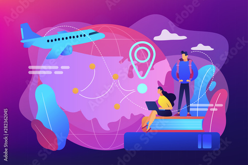 Worldwide travel, school adventure. Tourist trip, students on holidays. Educational tourism, international edu-tourism, best study tours concept. Bright vibrant violet vector isolated illustration