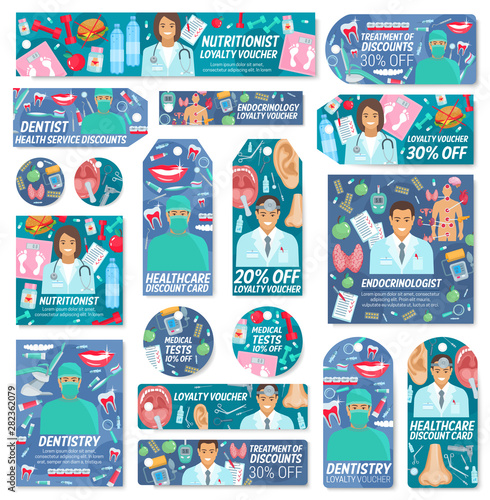 Doctors, diagnostic tools. Medical clinic tags
