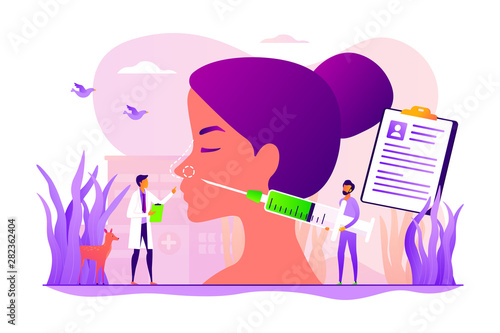 Woman flat vector character making nasal reconstruction surgery. Beauty industry. Rhinoplasty, nose correction procedure, surgical rhinoplasty concept. Vector isolated concept creative illustration