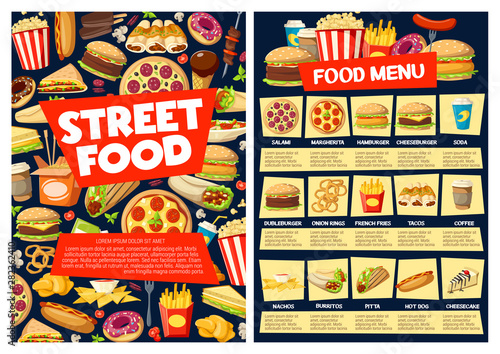 Fast food meal menu with burger, pizza, drinks