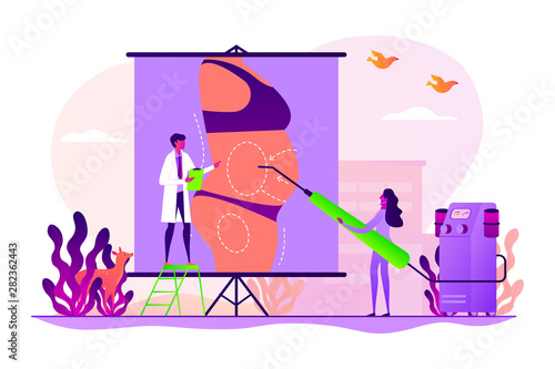 Body contouring, coolsculpting reconstruction. Surgeon and nurse characters consulting patient. Liposuction, lipo procedure, fat removal surgery concept. Vector isolated concept creative illustration