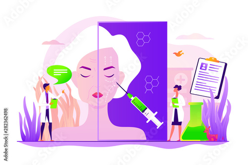 Old woman getting facial plastic correction. Skin anti aging, beauty treatment. Face lifting, rhytidectomy procedure, facelift surgery concept. Vector isolated concept creative illustration