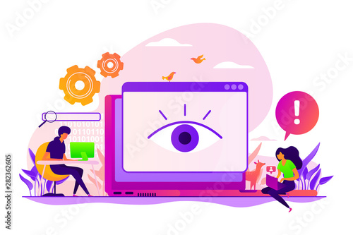 Internet defamation, persistent stalking. Privacy assault, obsessed stalker. Cyberstalking, pursuit of social identity, online false accusations concept. Vector isolated concept creative illustration