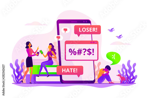 Internet trolling, psychological abuse, teenager violence. Girls laughing at sad boy. Cyberbullying, online flooding, social network harassment concept. Vector isolated concept creative illustration