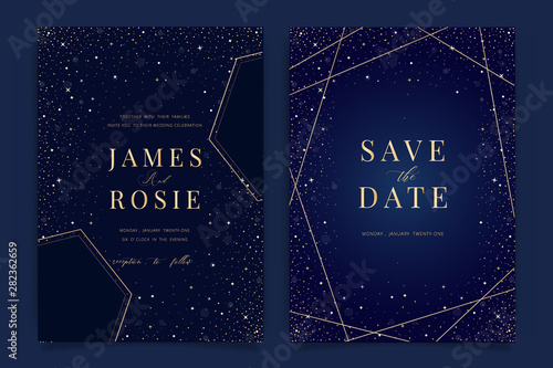Wedding Invitation, universe invite thank you, rsvp modern card Design in little star light in the sky, space Vector elegant rustic template