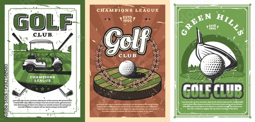 Golf clubs, balls and cart on cource green field