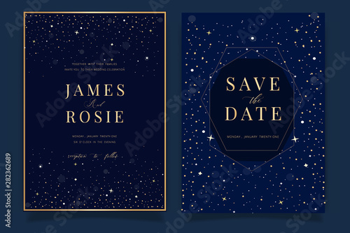 Wedding Invitation, universe invite thank you, rsvp modern card Design in little star light in the sky, space Vector elegant rustic template