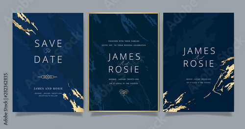 Navy blue Wedding invitation, RSVP, thank you cards. Vector elegant rustic template. Swirls of marble or the ripples of agate. Liquid marble texture and Golden metallic. Fluid art. 
