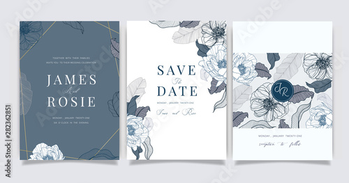 Navy Blue Luxury Wedding Invitation, floral invite thank you, rsvp modern card Design in white flower with  leaf greenery  branches decorative Vector elegant rustic template