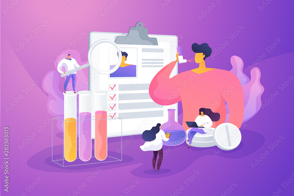 Man suffering from bronchial asthma, using puffer. Cough symptom treatment. Allergic diseases, allergy reaction, antihistamines therapy concept. Vector isolated concept creative illustration Man suffering from bronchial asthma, using puffer. Cough symptom treatment. Allergic diseases, allergy reaction, antihistamines therapy concept. Vector isolated concept creative illustration