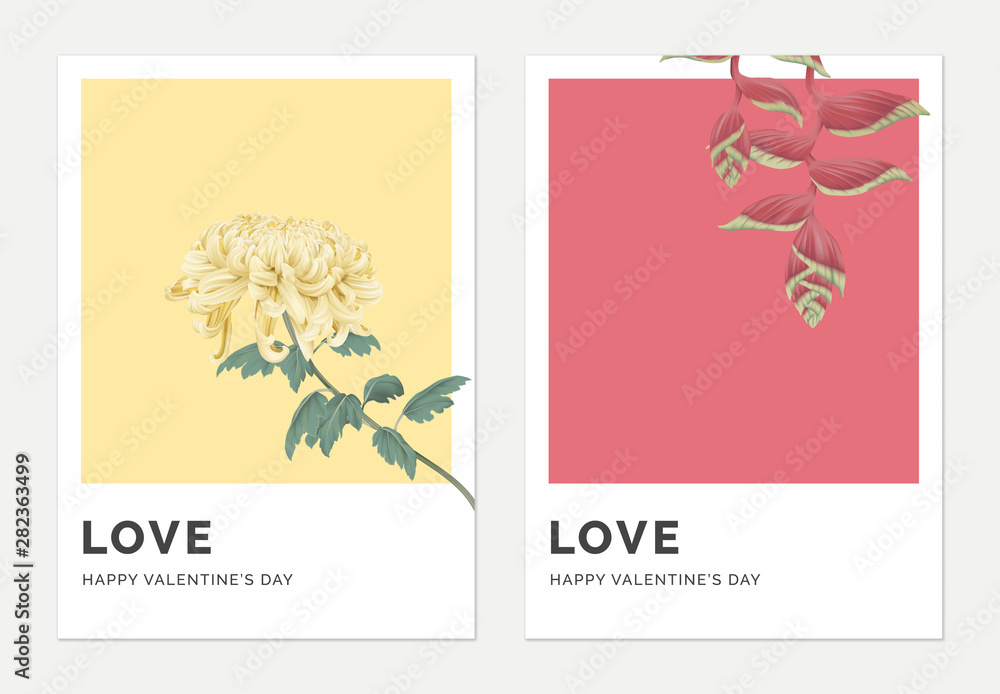 Minimalist botanical valentine greeting card template design, Chrysanthemum morifolium on yellow and Heliconia rostrata on red