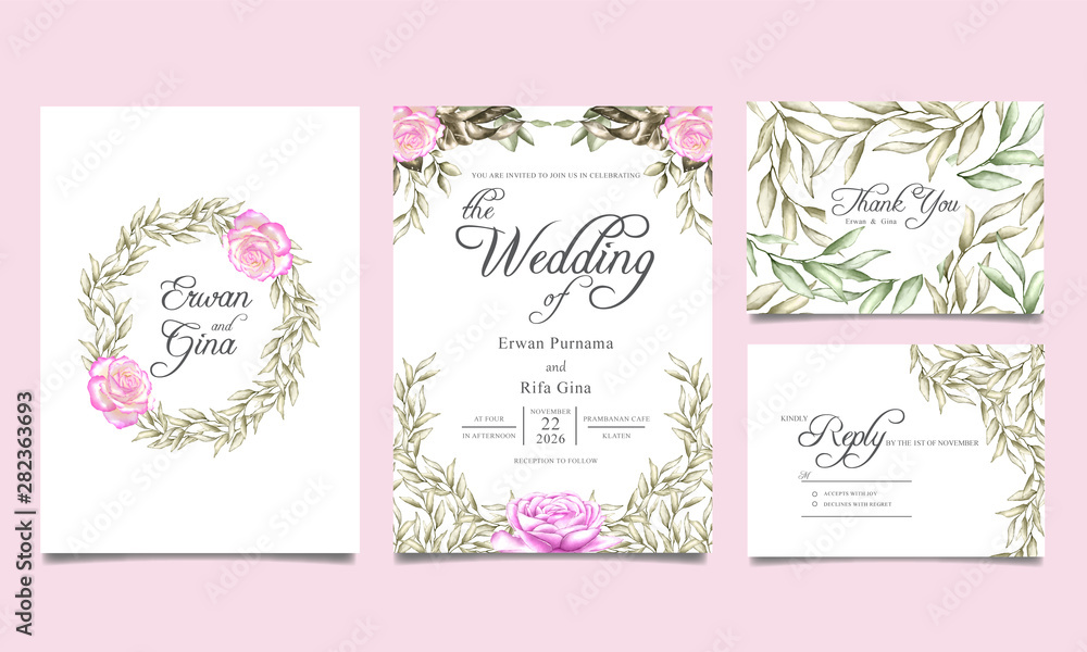 wedding invitation template card design with floral and leaves