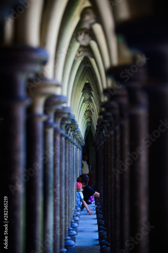 The medieval abbey of Mont Saint-Michel. Details of the temples inside the city on the island. Normandy. France