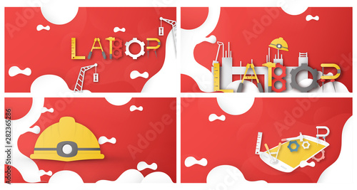 Happy Labor day of every country of the world. Bundle of template design for banner, poster, cover, advertisement, website. Vector illustration in paper cut and craft style on red background.