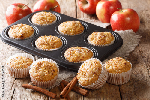 Vegetarian apple muffins with cinnamon close-up in a tray. horizontal