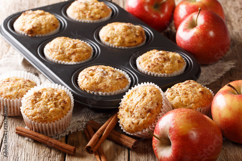 Sweet dessert apple muffins with cinnamon close-up in a baking dish. horizontal