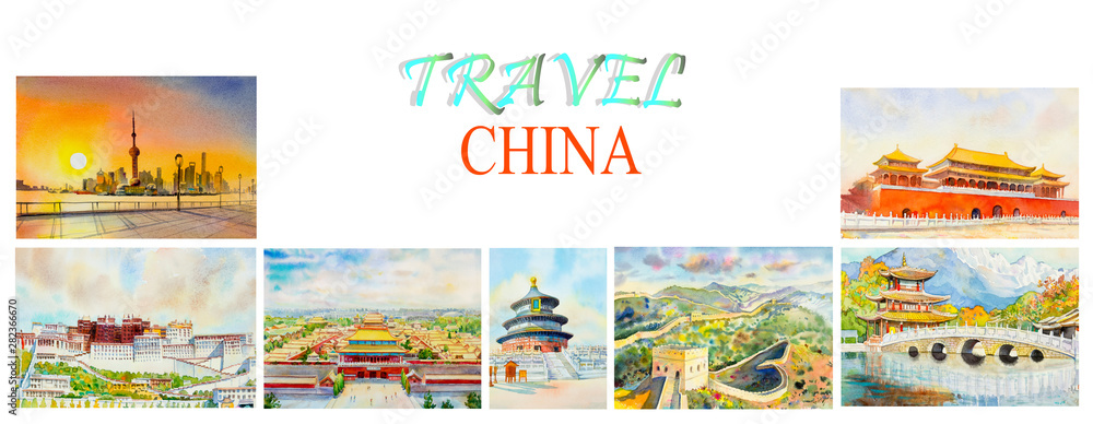 Watercolor painting famous landmarks in China.