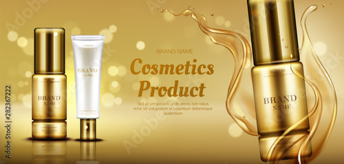 Cosmetics beauty product bottle mockup banner on gold background with liquid droplets splash. Skin care serum and cosmetic cream advertising promo template for magazine. Realistic vector ad banner