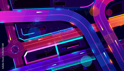 Transport interchange in night neon city top view. Urban architecture, modern megapolis with glowing skyscrapers, moving cars, old film with lines and pixel noise effect. Cartoon vector illustration