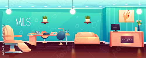 Salon for manicure, pedicure nails care beauty procedures, empty studio interior with reception desk and Pc, furniture, appliances, table, transforming armchair and couch. Cartoon vector illustration