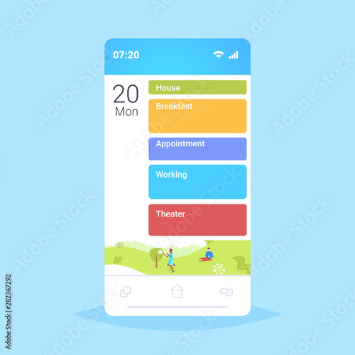 smartphone screen online mobile app with different workday actions plans about house breakfast appointment working and theater schedule concept