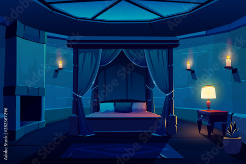 Night modern hotel luxury apartments in medieval castle, ancient mansion, kings bedroom in burning candles light cartoon vector interior. Huge wooden bed with curtain, antique furniture and fireplace