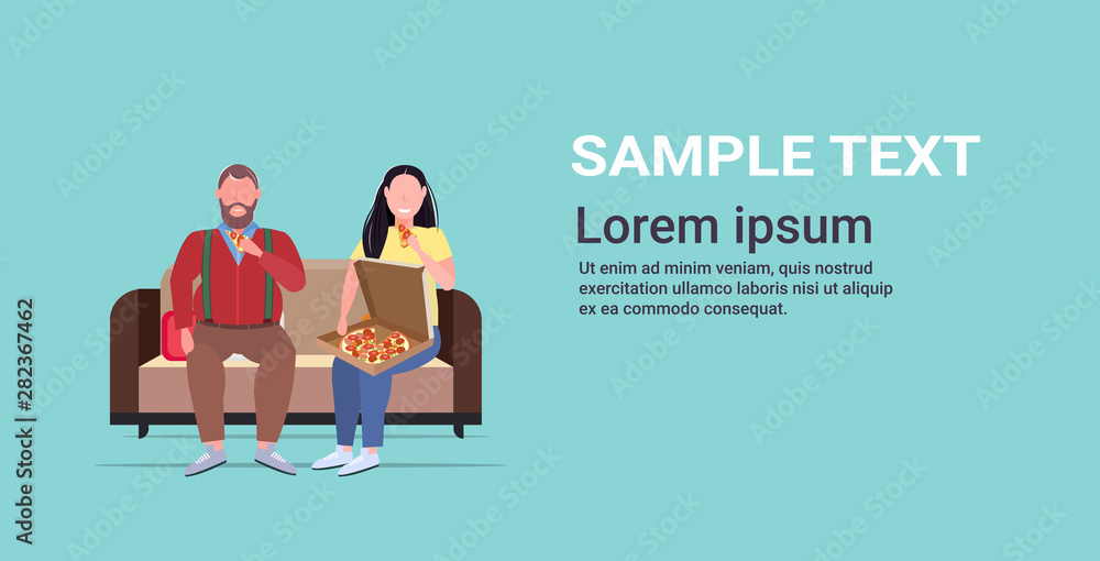 fat obese couple eating pizza fast food overweight man woman sitting on couch unhealthy nutrition obesity concept full length flat horizontal copy space