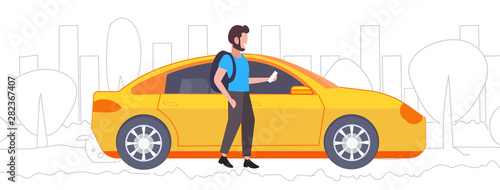 casual man using smartphone mobile app guy ordering yellow cab taxi rent car sharing concept transportation service cityscape background sketch doodle full length horizontal